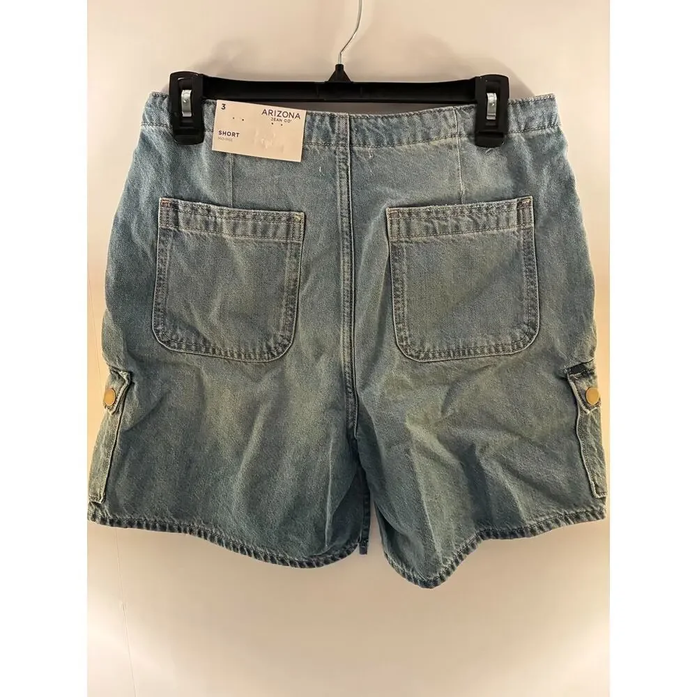Arizona Jean Co Cargo Denim Shorts Womens 3 Blue Mid Rise Drawstring 6 In Casual
